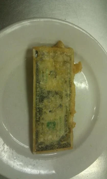 America Fuck Yeah — Deep-fried one dollar bill on a white plate