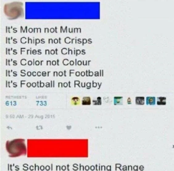 American Football Joke — Twitter post comparing US and UK English with school shooting range joke punchline