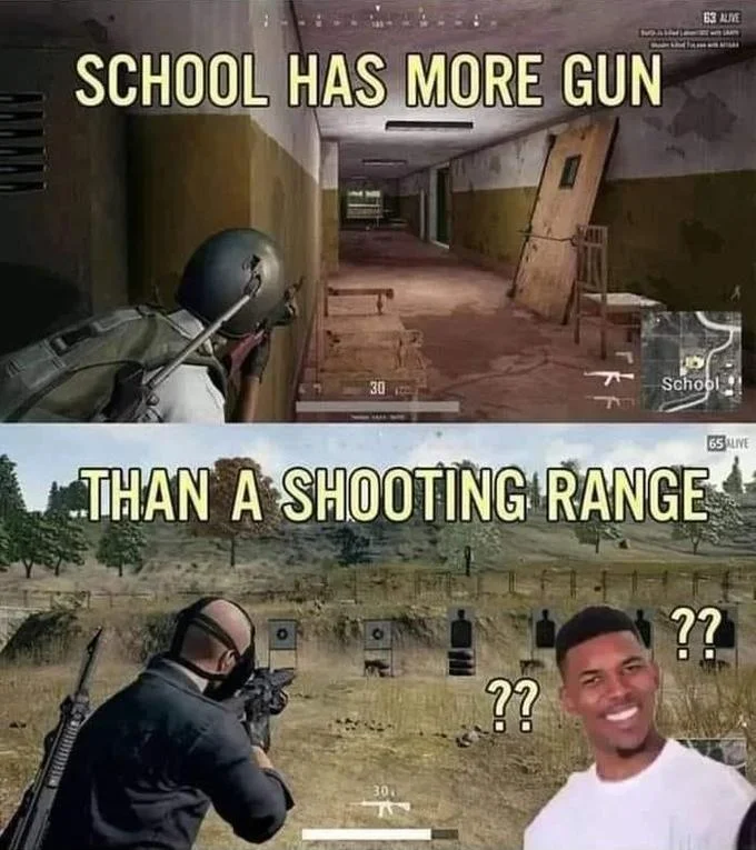 American Football Joke — Video game scene with soldiers comparing schools to shooting ranges