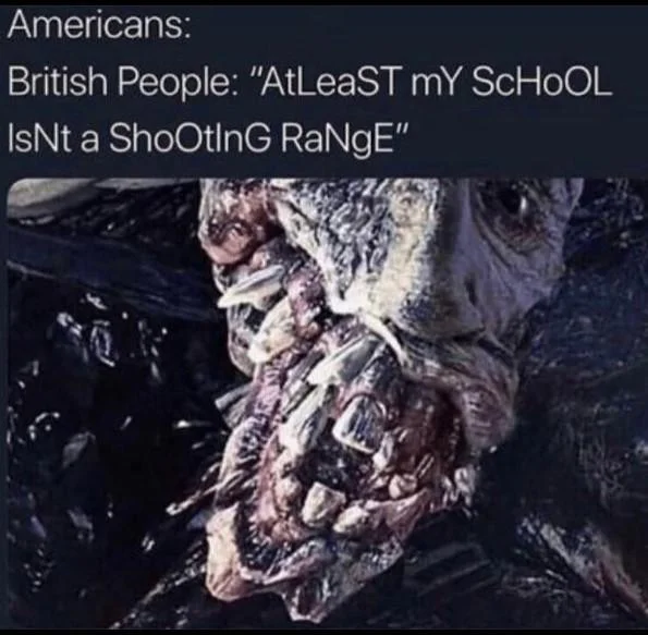 American Football Joke — Multi-panel meme with British people making school shooting range joke