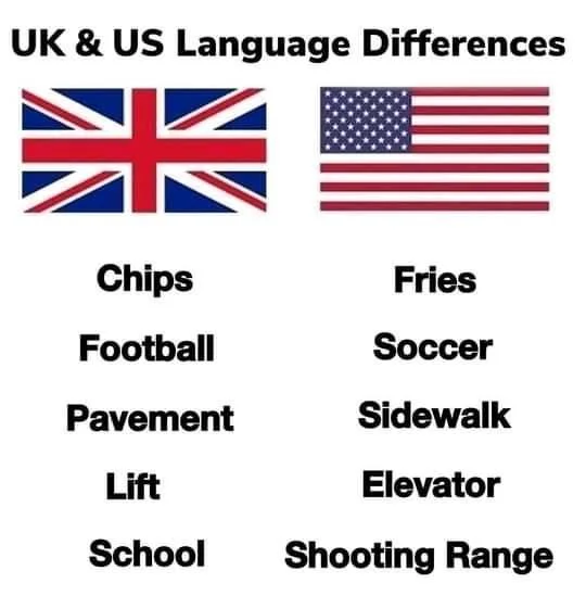 American Football Joke — UK vs US English language differences chart with school and shooting range joke