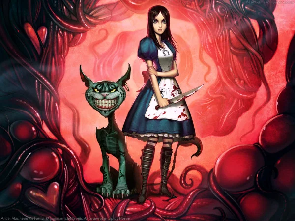 American Mcgee S Alice — Alice holding a bloody knife standing next to the Cheshire Cat in Alice: Madness Returns promotional art