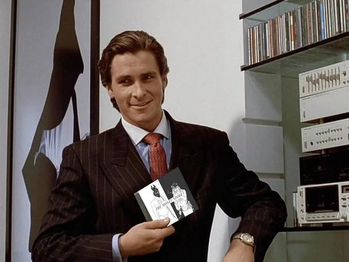 American Psycho — Patrick Bateman holding up a CD labeled 'The Monkey Torturer.'