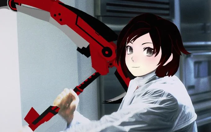 American Psycho — Anime Ruby Rose from RWBY posed like Patrick Bateman holding a scythe in a white raincoat.