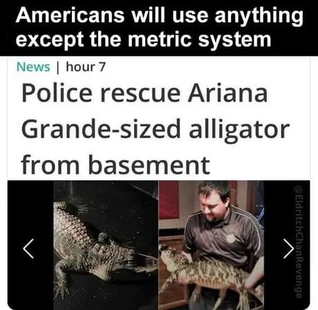 Americans Will Use Anything Except The Metric System — News story about alligator rescue described as 'Ariana Grande-sized' measurement.