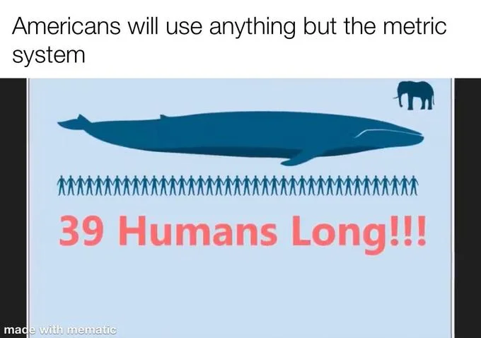 Americans Will Use Anything Except The Metric System — Meme showing whale with '39 Humans Long!!!' measurement instead of metric units.