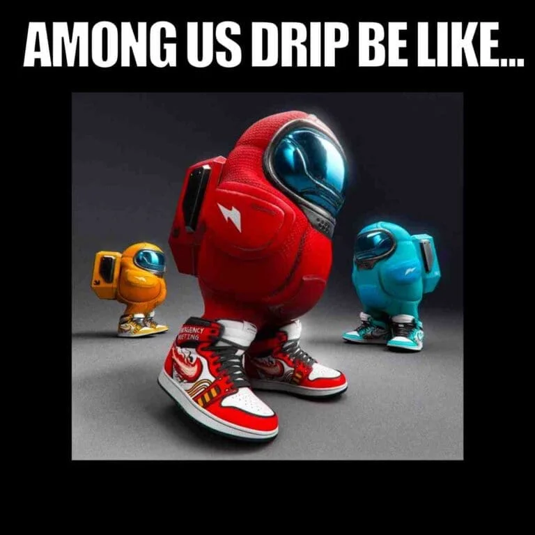 Amogus Drip — Stylized red Among Us character in drip fashion with red sneakers and yellow and blue companion characters
