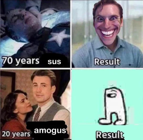 Four-panel comparison showing 70 years sus culture versus 20 years amogus evolution.