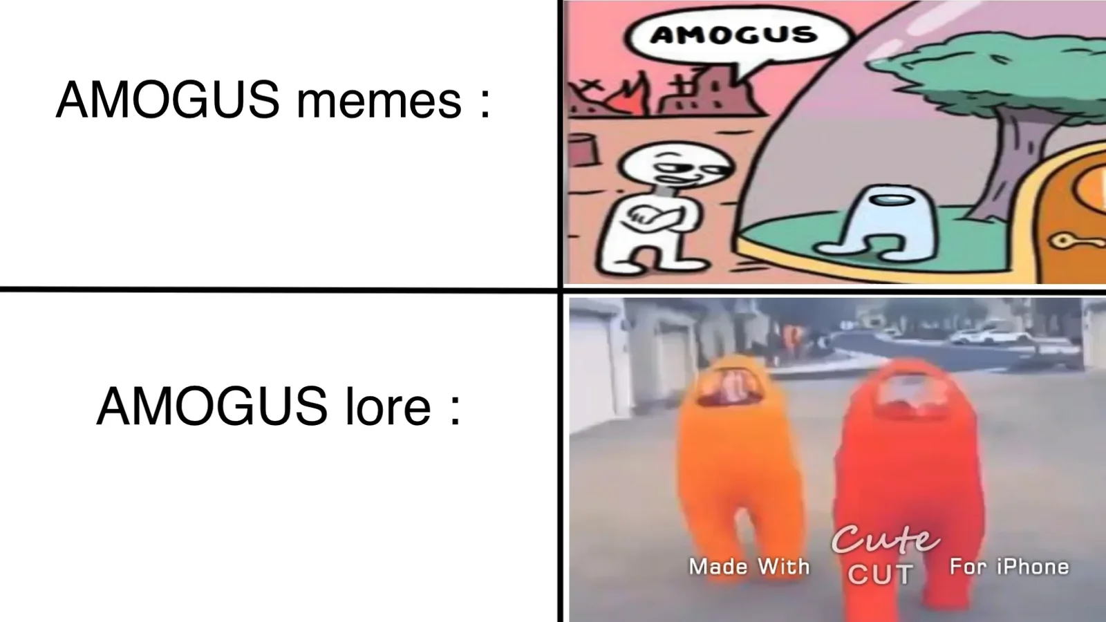 Split-screen meme contrasting chaotic casual AMOGUS memes with darker AMOGUS lore interpretations.
