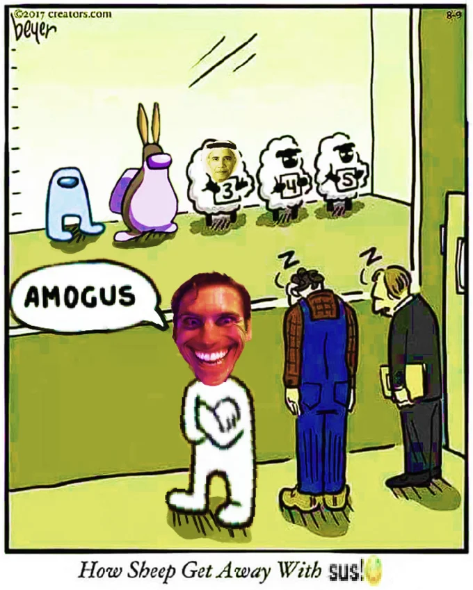 Comic panel showing character lineup with one character saying 'AMOGUS' surrounded by sheep.
