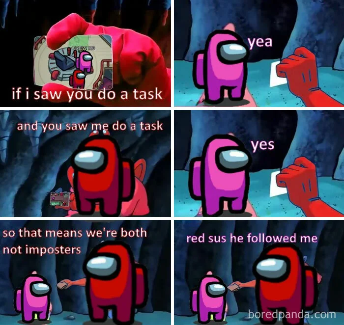 Among Us — Six-panel dialogue meme between pink and red crewmates culminating in red sus accusation.