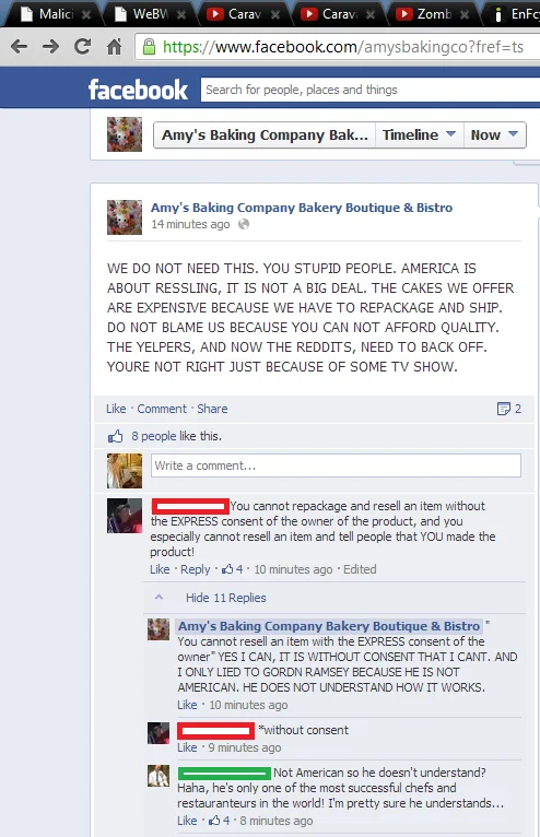 Amys Baking Company Pr Scandal — Screenshot of an all-caps Facebook rant from Amy's Baking Company attacking Yelp and Reddit users