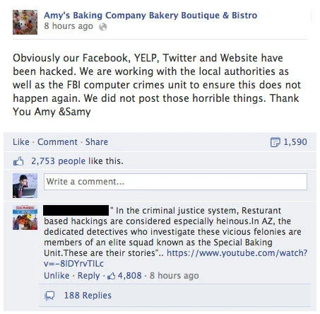 Amys Baking Company Pr Scandal — Facebook post from Amy's Baking Company claiming their accounts were hacked by the FBI