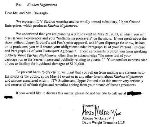 Amys Baking Company Pr Scandal — Cease-and-desist letter from ITV Studios' lawyer to the Bouzaglos regarding Kitchen Nightmares