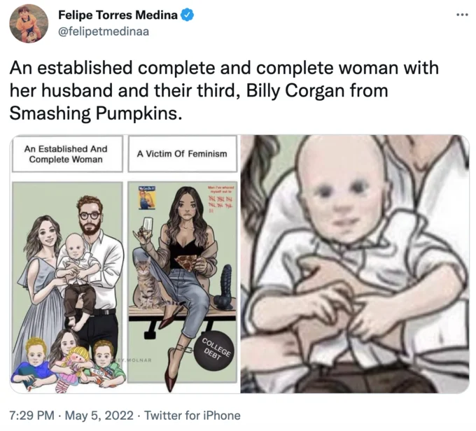 An Established And Complete Woman — Tweet joking that the bald baby in the comic resembles Billy Corgan from Smashing Pumpkins