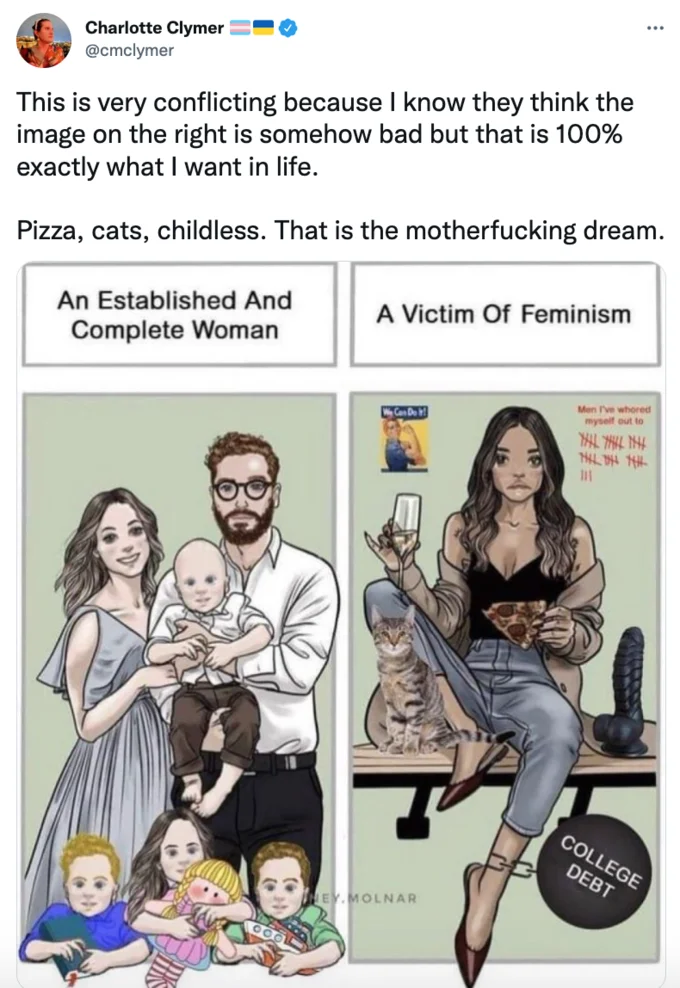 An Established And Complete Woman — Tweet from Charlotte Clymer reclaiming the 'Victim of Feminism' panel as her ideal lifestyle