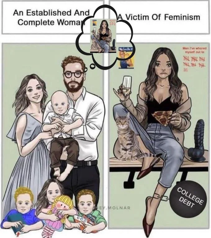 An Established And Complete Woman — Edited meme showing the husband fantasizing about the childless woman in a thought bubble