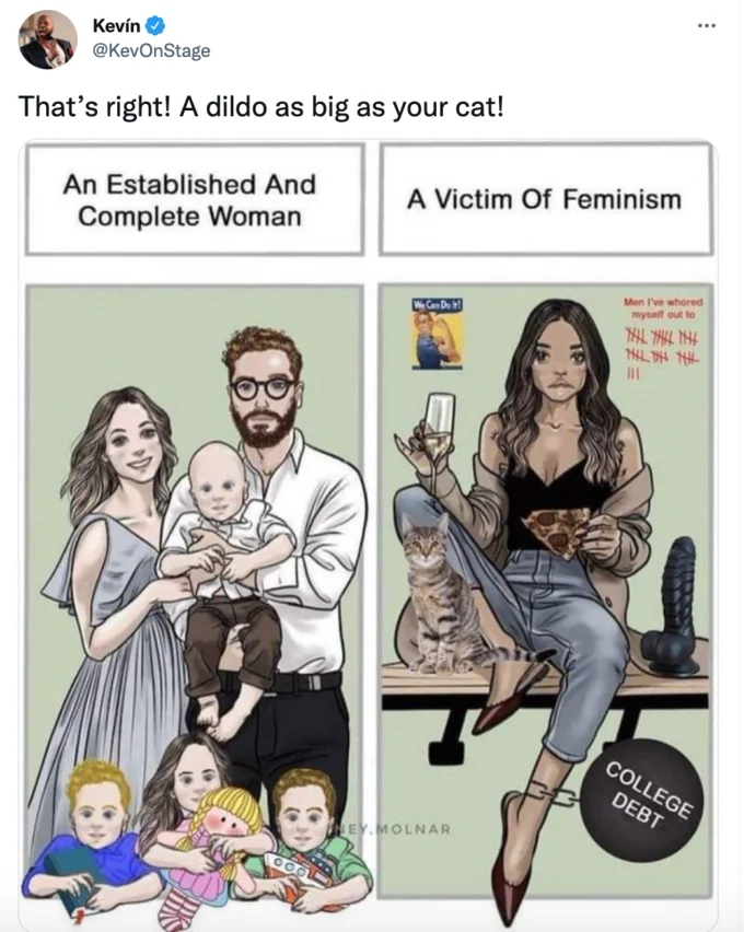 An Established And Complete Woman — Tweet from KevOnStage reacting to the meme with a joke about the dildo illustration