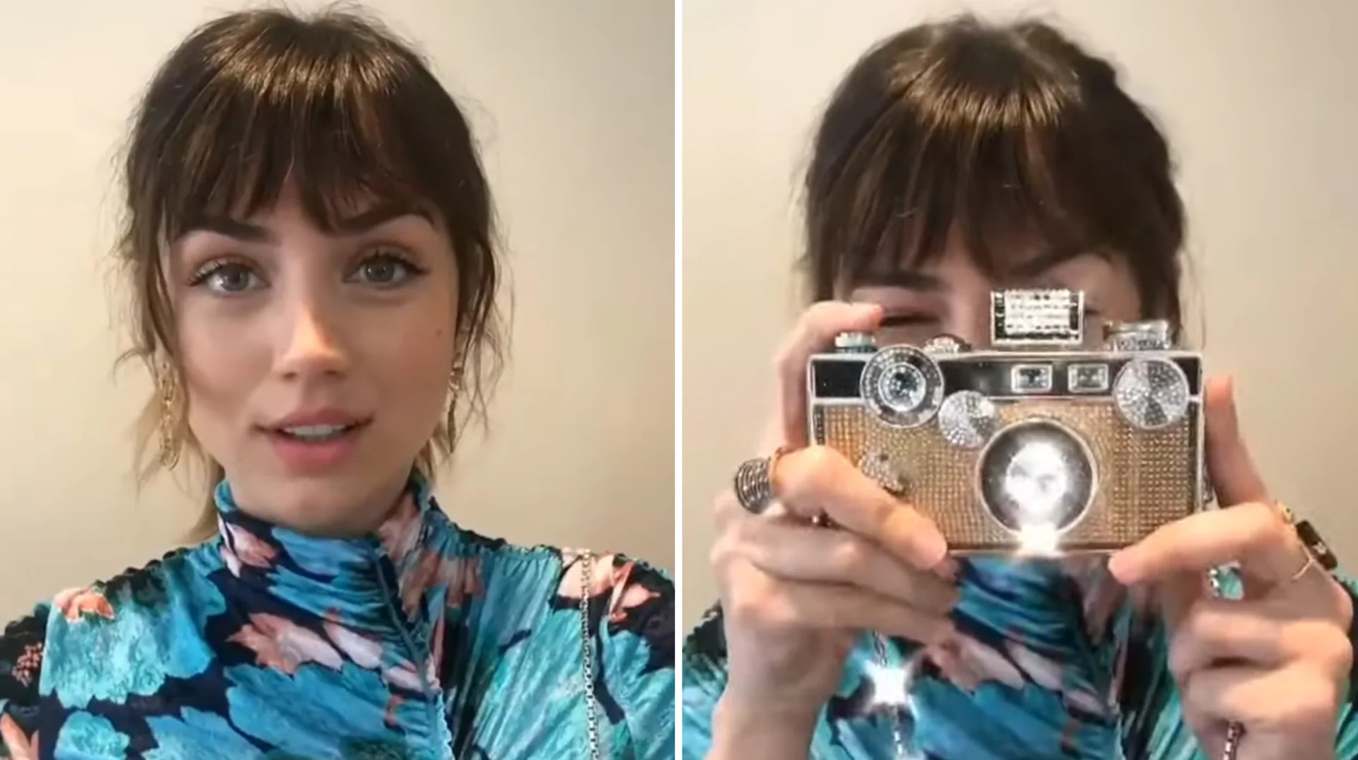 Ana de Armas Saying "Smile" — Side-by-side images of Ana de Armas speaking and then holding up a bejeweled camera to her face