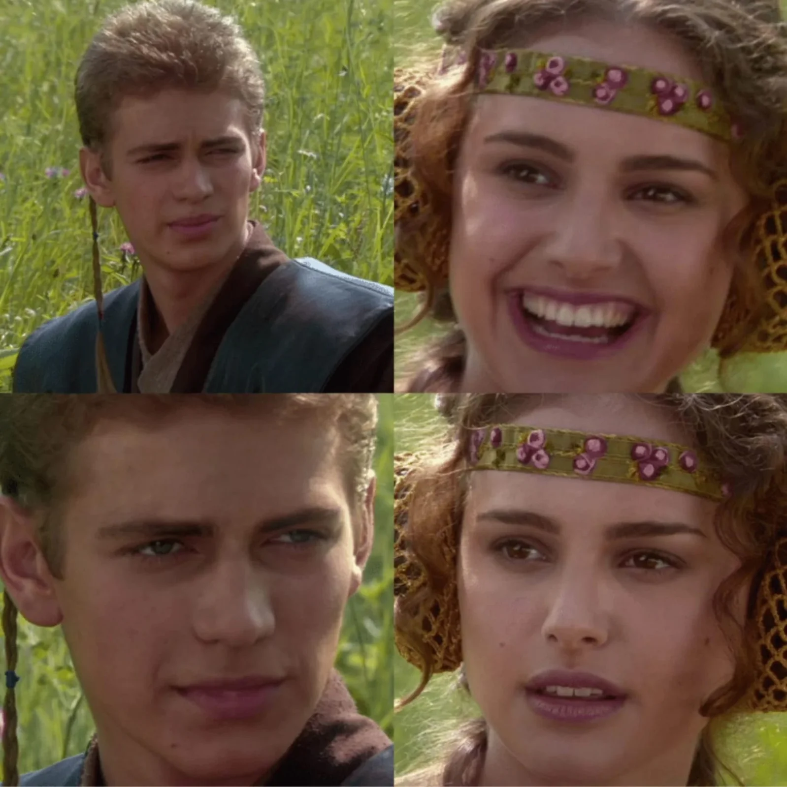 Anakin Padme Meme — The blank four-panel Anakin-Padme meme template showing Anakin's neutral and sinister expressions paired with Padme's hopeful and fearful