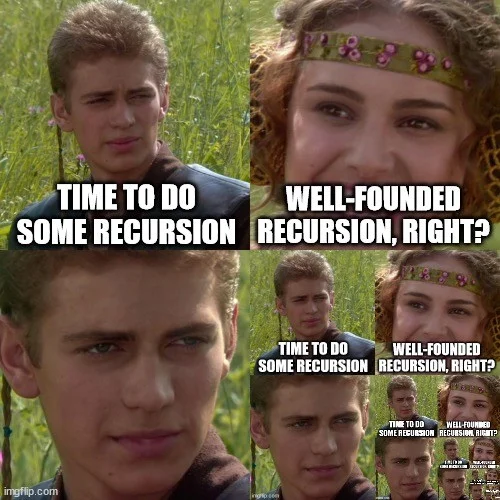 Anakin Padme Meme — A recursion-themed variation of the Anakin-Padme meme showing false reassurance followed by a darker twist revealing unintended