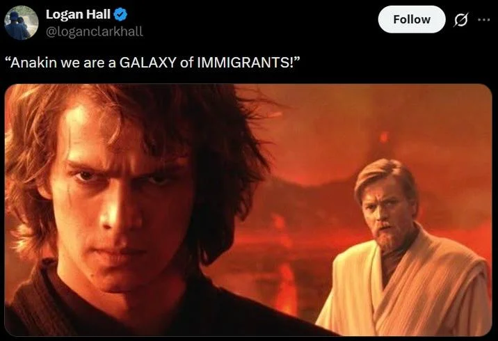 Anakin Skywalker Gen Z Male Rage Memes — Tweet with Obi-Wan telling Anakin 'we are a GALAXY of IMMIGRANTS' during the Mustafar duel.