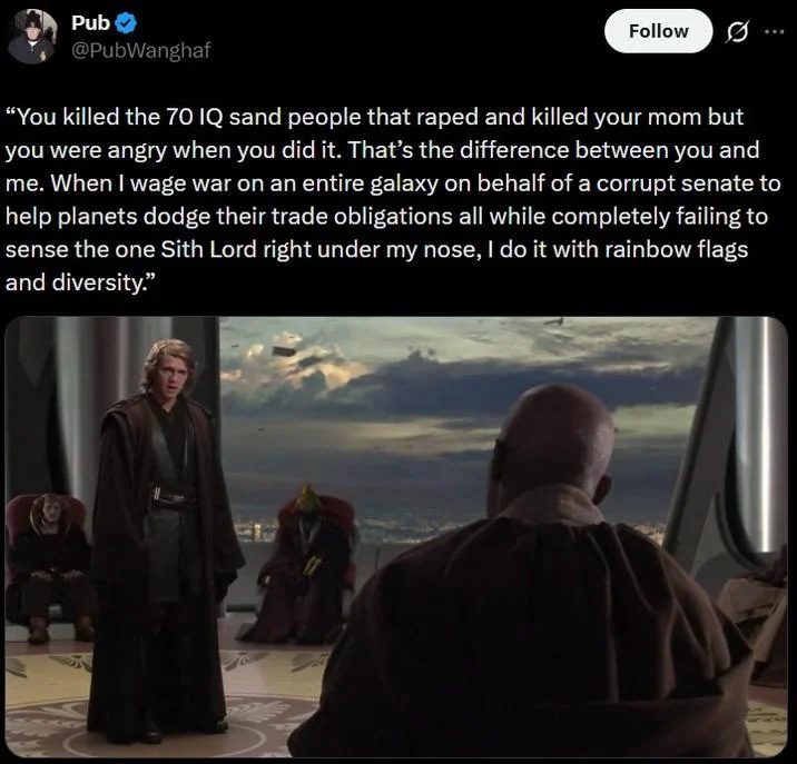 Anakin Skywalker Gen Z Male Rage Memes — Tweet showing Mace Windu lecturing Anakin with a satirical speech about Jedi hypocrisy.