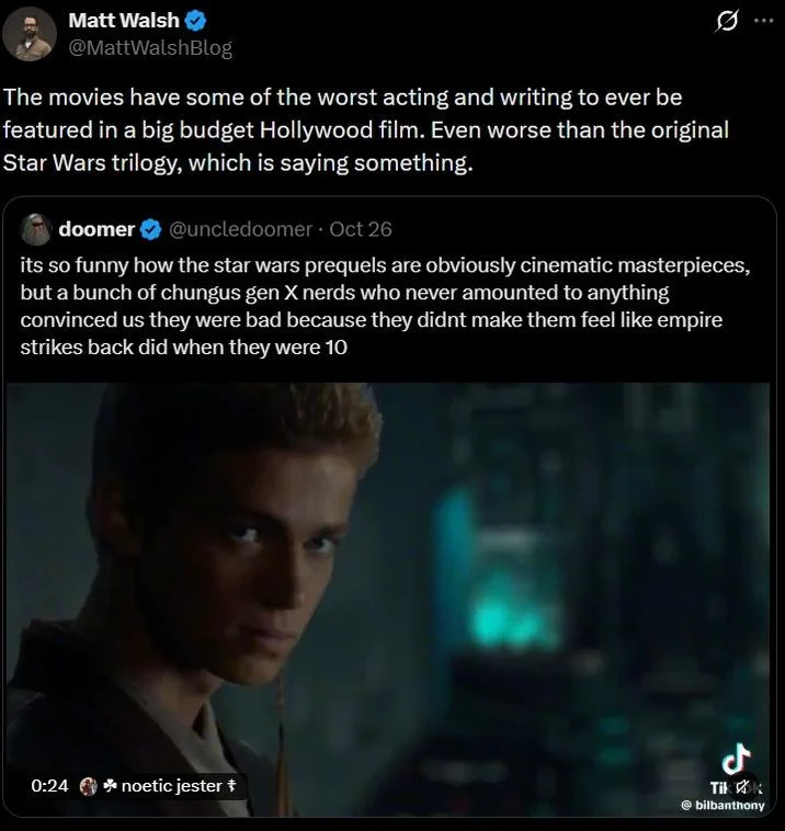 Anakin Skywalker Gen Z Male Rage Memes — Matt Walsh tweet criticizing Star Wars prequels, quoting a doomer tweet defending them.