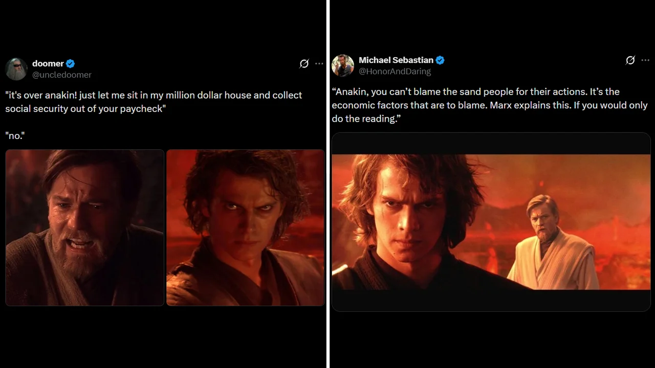Anakin Skywalker Gen Z Male Rage Memes — Banner image showing two tweets referencing Anakin Skywalker in political rage memes popular among Gen Z males.