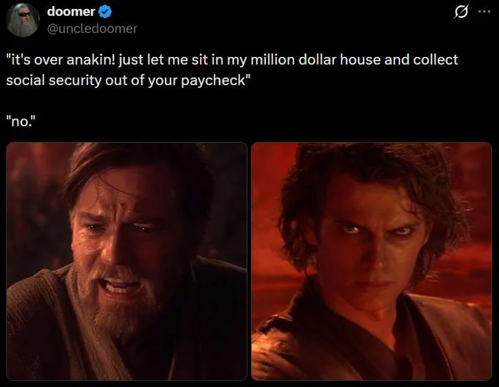 Anakin Skywalker Gen Z Male Rage Memes — Doomer tweet with Obi-Wan complaining about social security and Anakin replying 'no.'