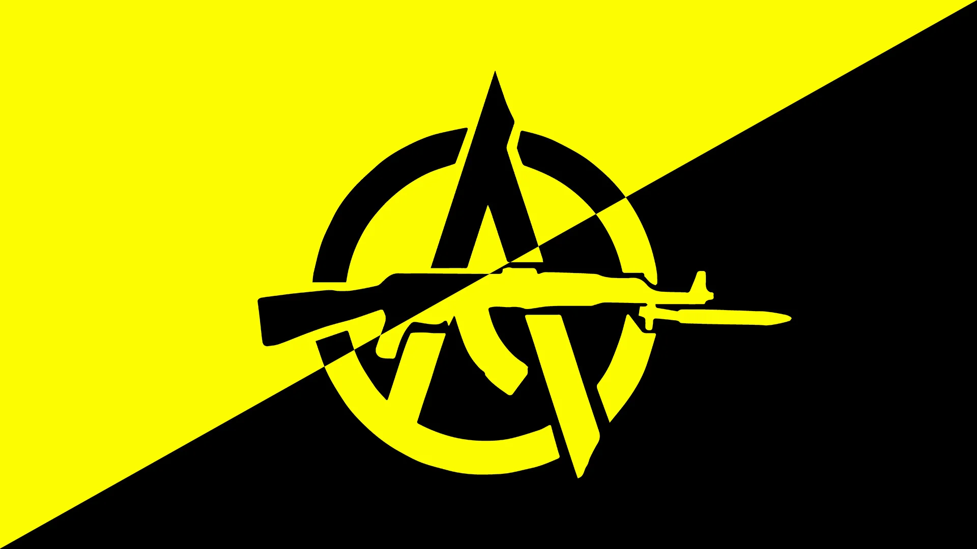 Anarcho Capitalism — Yellow and black anarcho-capitalist flag with anarchy symbol and AK-47