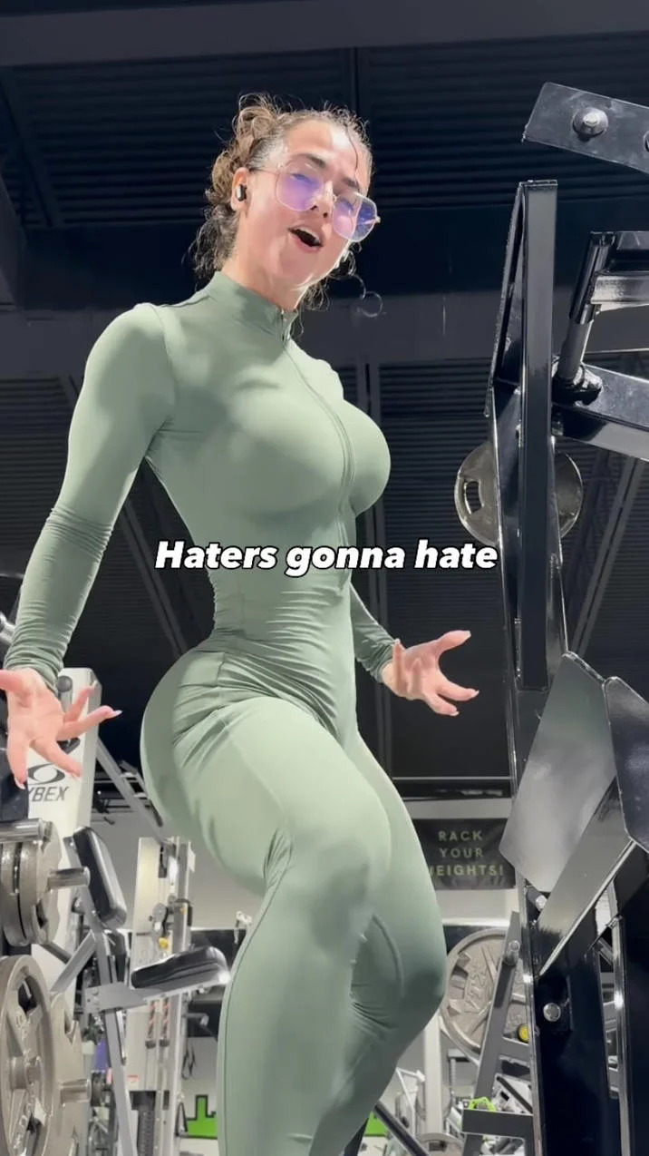 Anattraction Addictedtoana Onlyfans — Addictedtoana in green gym bodysuit with Haters gonna hate caption