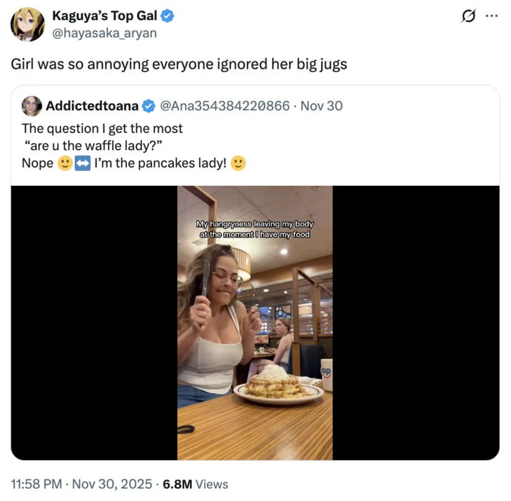 Anattraction Addictedtoana Onlyfans — Tweet reacting to Addictedtoana's pancakes lady video with joke caption