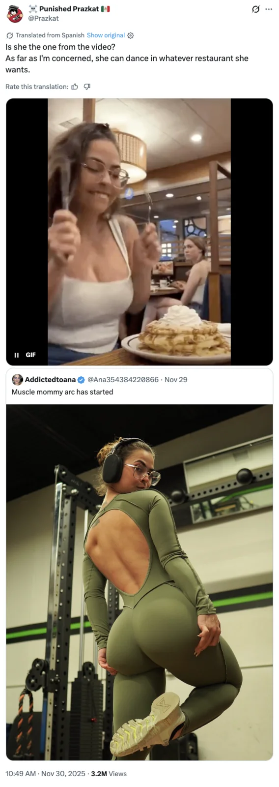 Anattraction Addictedtoana Onlyfans — Tweet comparing Addictedtoana's viral waffle GIF with her gym bodysuit photo