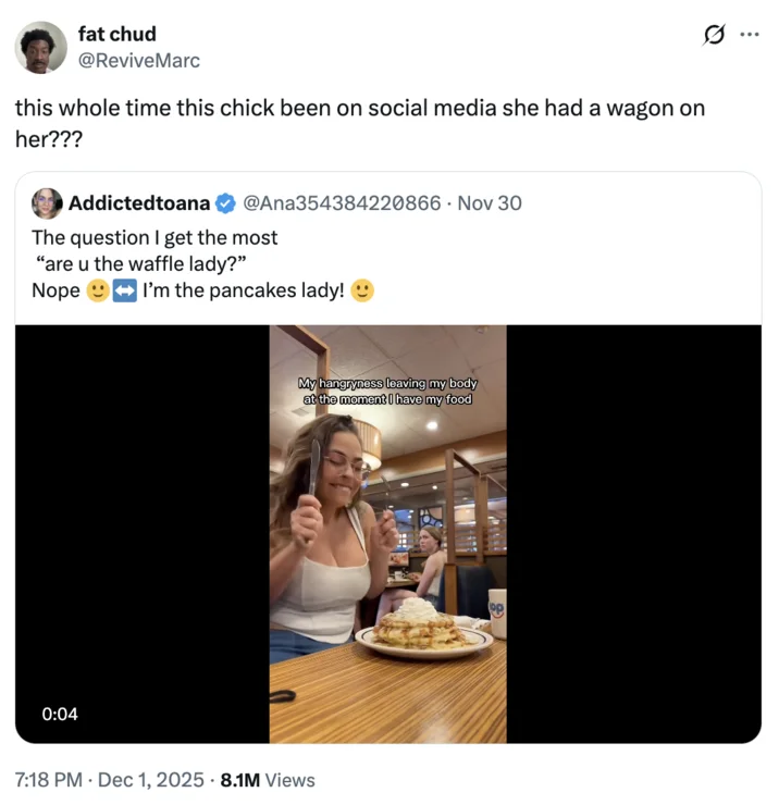 Anattraction Addictedtoana Onlyfans — Tweet reacting in disbelief to Addictedtoana's pancakes lady video