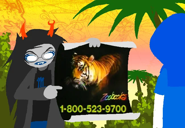 And The Tiger Poster — Homestuck character Vriska holding and presenting the Zoobooks tiger poster artwork