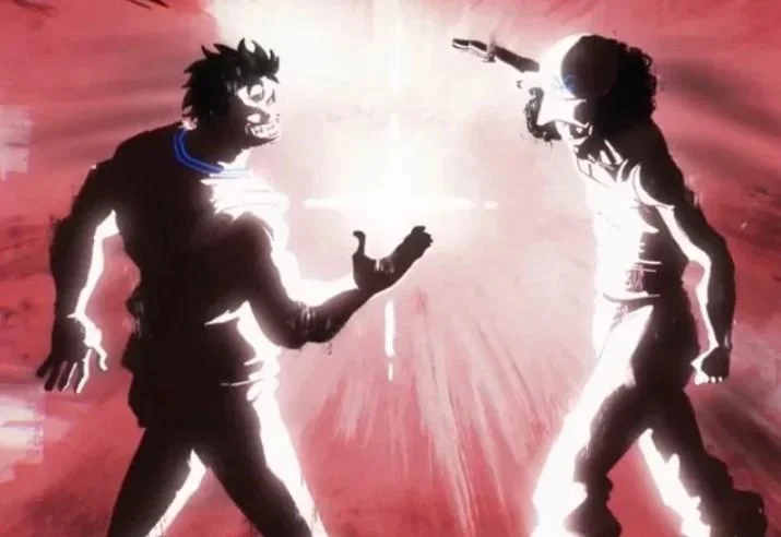 And Then He Clicked Post — Dark anime scene of two silhouetted figures with red background