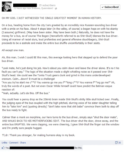 And Then The Whole Bus Clapped — Facebook post telling a long story about a hero confronting a racist passenger on a bus