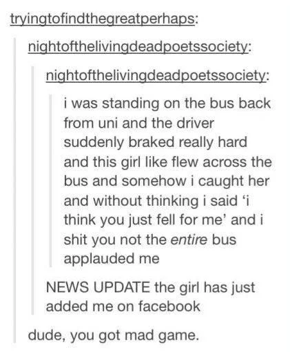 And Then The Whole Bus Clapped — Tumblr post about catching a girl on a bus and the whole bus applauding