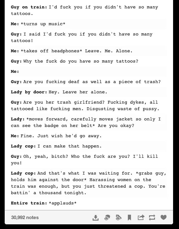 And Then The Whole Bus Clapped — Tumblr transcript of a train harassment story ending with 'Entire train: applauds'