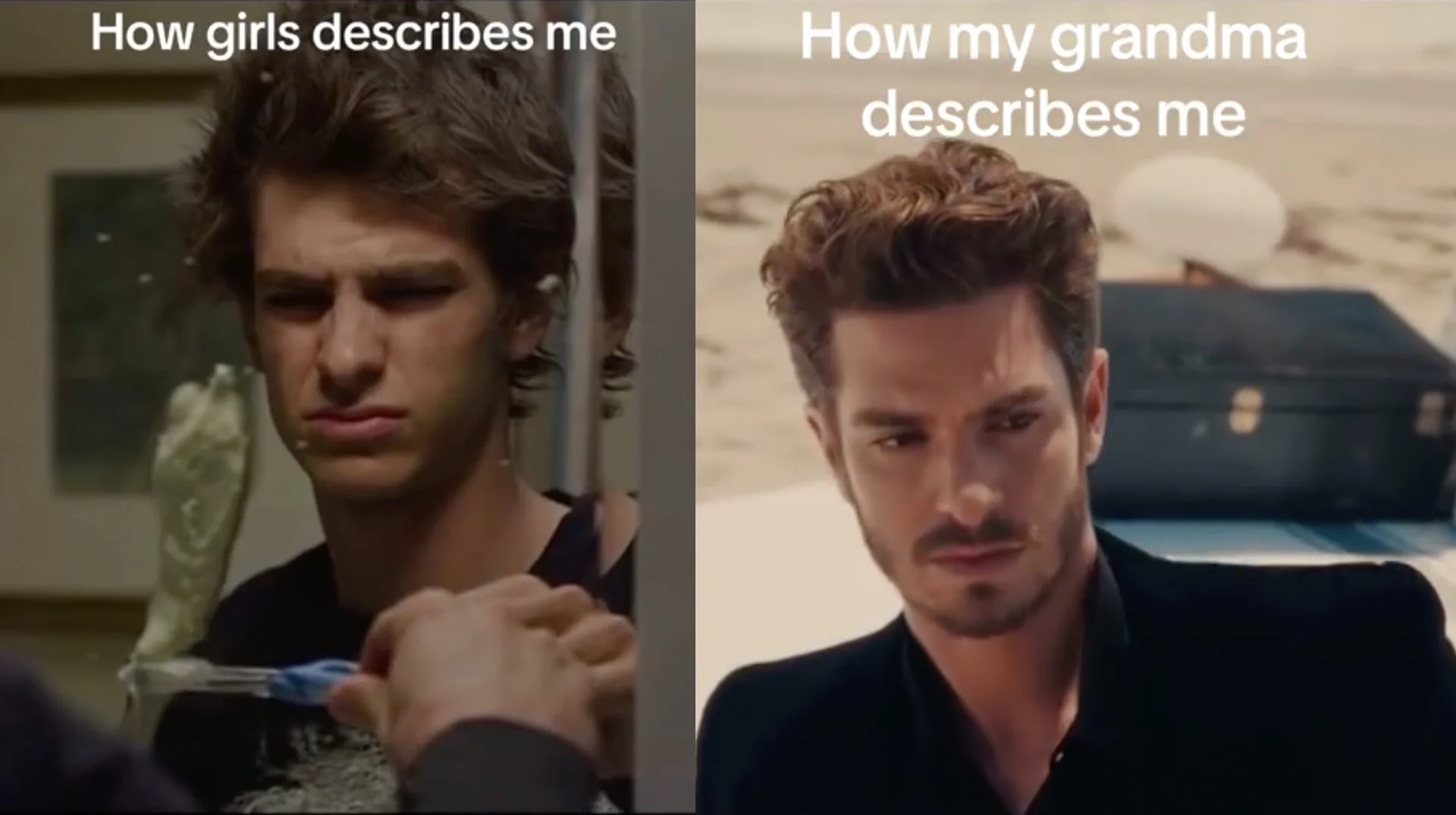 Andrew Garfield Beach Transition — Side-by-side meme of Andrew Garfield: disheveled young version labeled 'How girls describes me' next to polished beach scene
