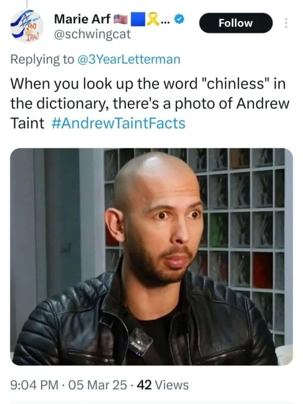 Andrew Tate Memes — Twitter meme with Andrew Tate photo and text about looking up "chinless" in dictionary