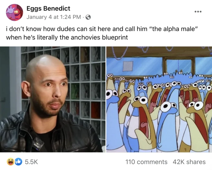 Andrew Tate Shocked Face — Facebook meme comparing Andrew Tate's shocked face to a group of cartoon anchovies.