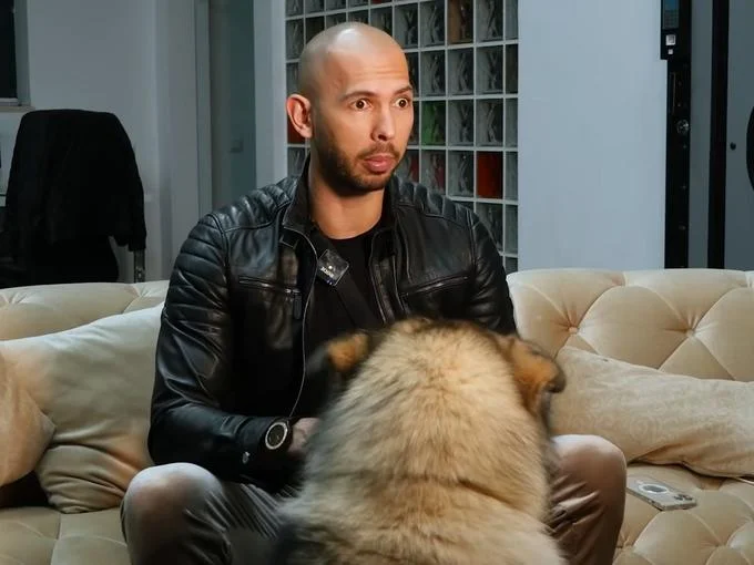 Andrew Tate Shocked Face — Andrew Tate on a couch with a dog, wearing a shocked expression during an interview.