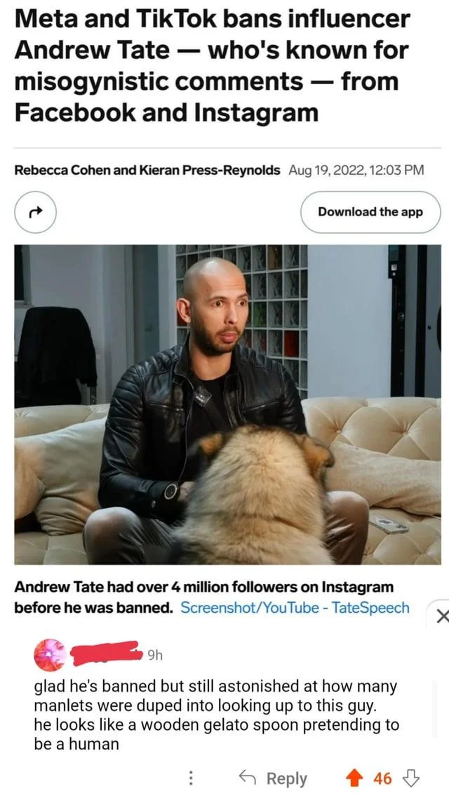 Andrew Tate Shocked Face — News article screenshot about Andrew Tate's social media ban featuring the shocked face image and a mocking comment.