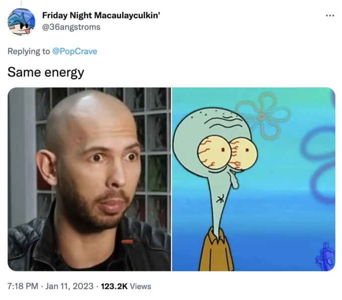 Andrew Tate Shocked Face — Tweet comparing Andrew Tate's shocked face to Squidward with wide eyes, captioned 'Same energy'.