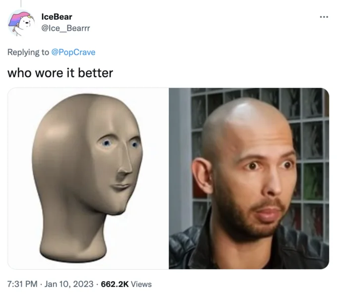 Andrew Tate Shocked Face — Tweet comparing Meme Man statue to Andrew Tate's shocked face with the caption 'who wore it better'.