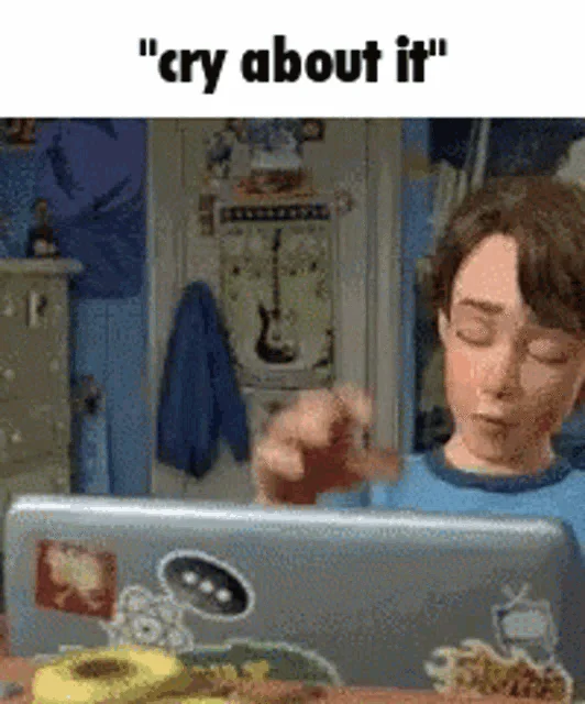 Andy closing laptop GIF captioned 'cry about it'