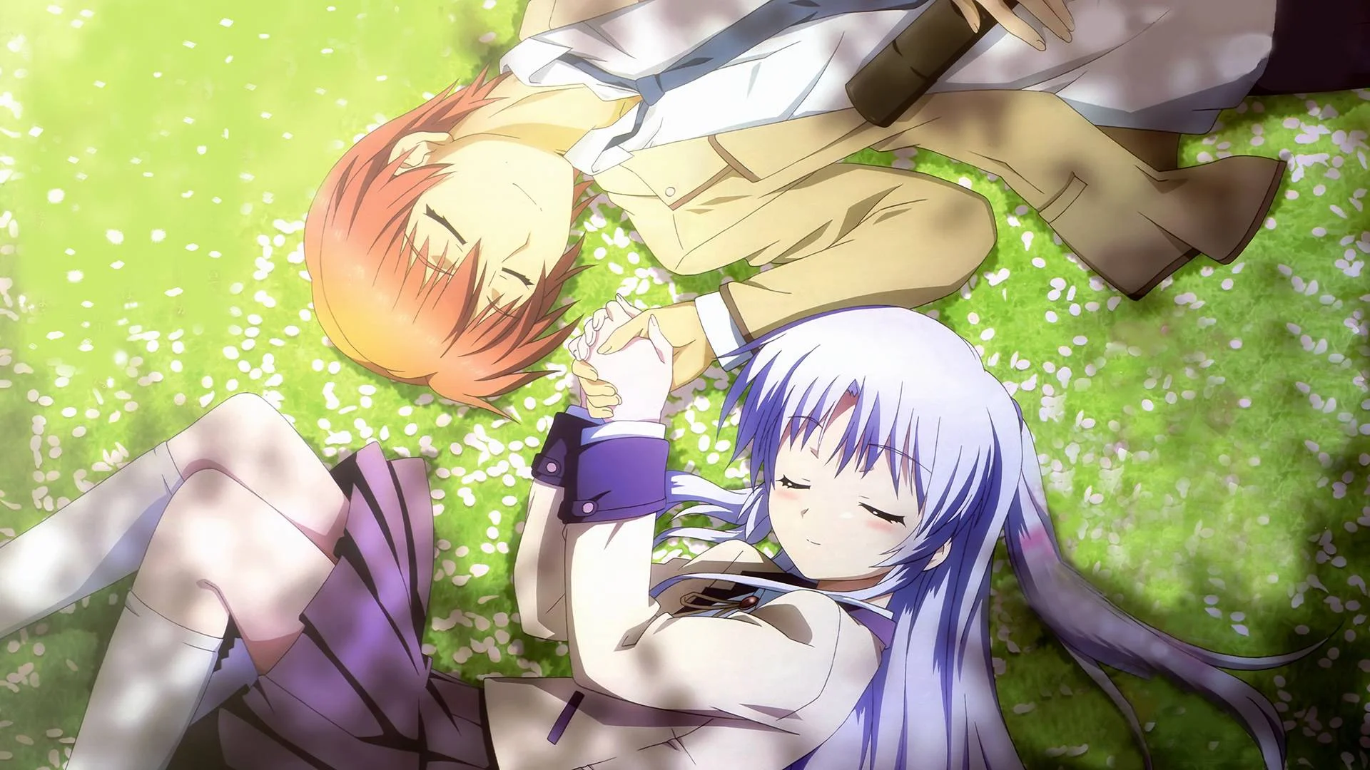 Two Angel Beats! characters lying on grass surrounded by cherry blossom petals