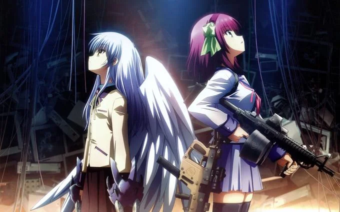 Kanade with angel wings and Yuri with assault rifle from Angel Beats!